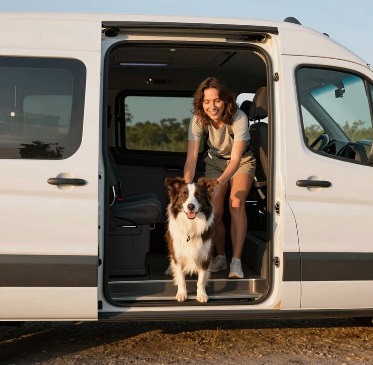Happy border collie boarding a modern, well-ventilated pet shuttle van, friendly handler smiling, warm natural daylight