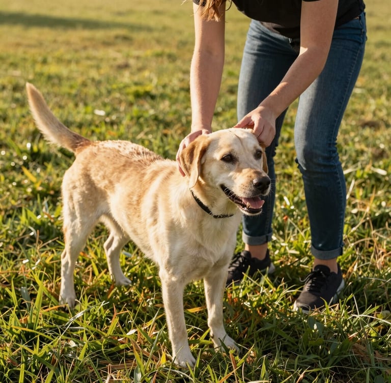 Caregiver gently interacting with an active dog on the grass, dog-eye level, warm natural daylight
