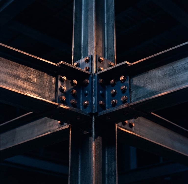 Macro photograph of high-end structural steel beams reflecting dramatic low-key copper light, deep midnight sapphire shadows, sharp focus, architectural symmetry, 35mm
