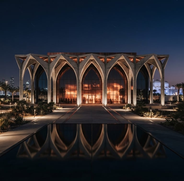 Wide-angle architectural symmetry of a modern diplomatic pavilion in Abu Dhabi, sharp geometric concrete arches, dramatic low-key twilight lighting with warm copper reflections on dark glass facade, 35mm.