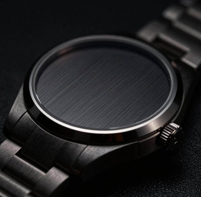 Close-up of a brushed midnight-black watch case, sharp metallic edges catching dramatic studio rim light, dark luxury product photography.