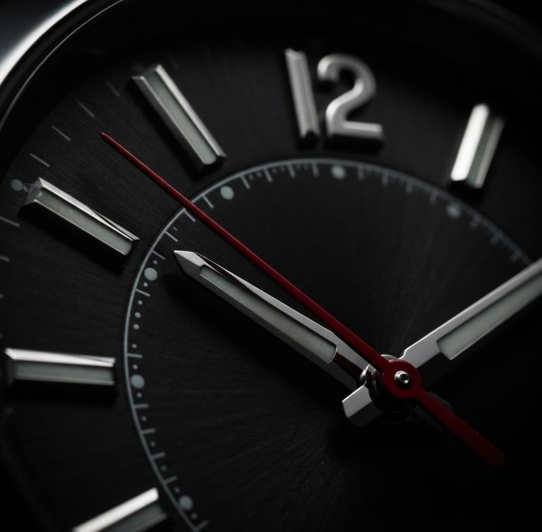Extreme macro photography of a luxury watch dial, dramatic rim lighting on polished metallic indices, deep black background, sharp crimson second hand.