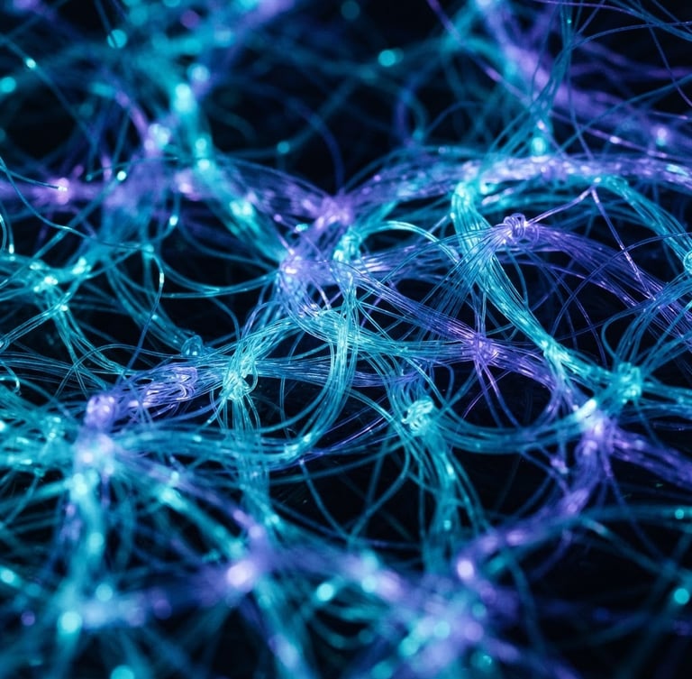 Macro cinematic close-up of bioluminescent fiber optic threads weaving together in deep darkness, glowing cyan and violet light, 35mm lens