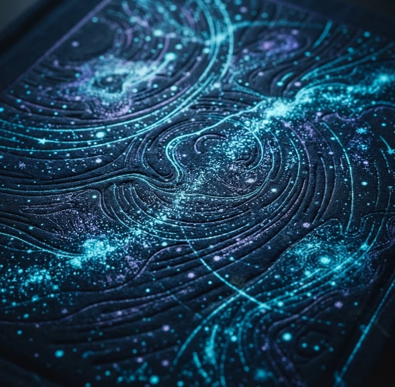 Macro close-up of a premium book cover with glowing cyan debossed particle patterns, dark cinematic lighting, high contrast