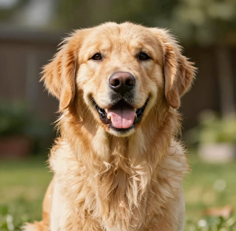 Bright cheerful golden retriever post-grooming, warm natural daylight, vibrant colorful tones, shallow depth of field, 35mm