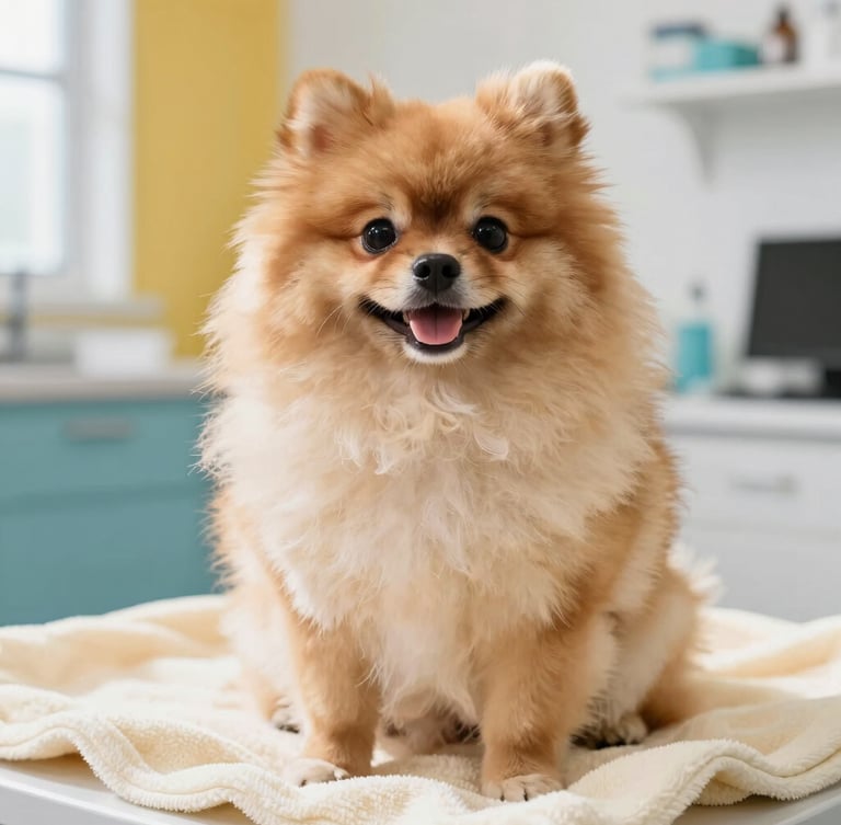 A happy fluffy Pomeranian post-grooming sitting on a soft cream blanket in a bright, modern veterinary clinic, warm daylight, close-up shot
