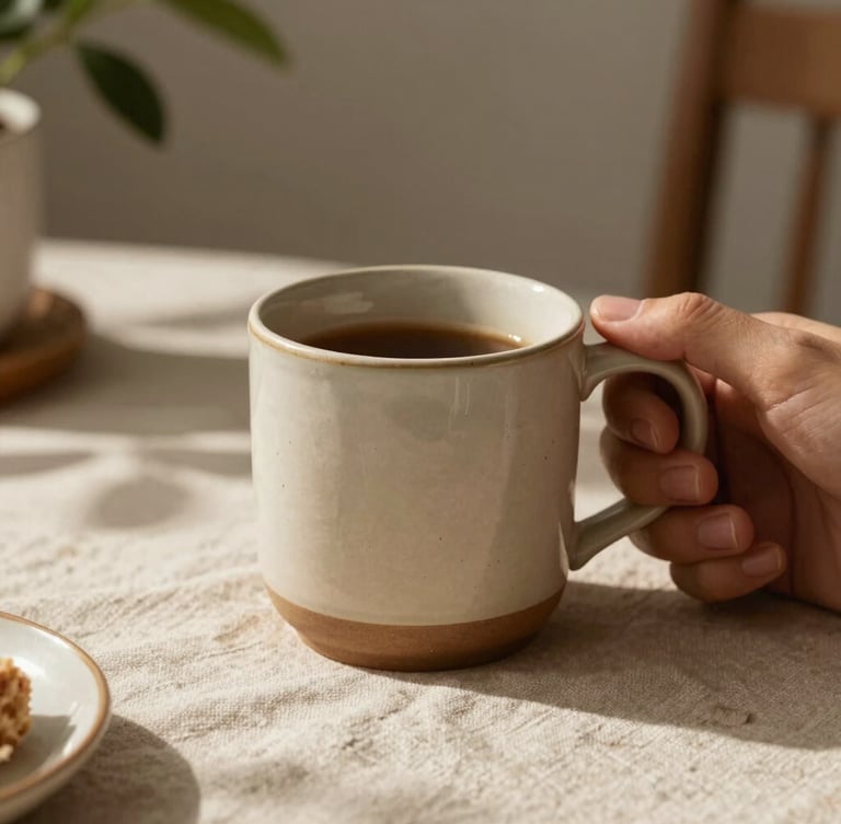 Close-up of a hand holding a warm ceramic mug on a natural linen tablecloth, soft morning shadows cast by indoor plants, warm earthy tones.