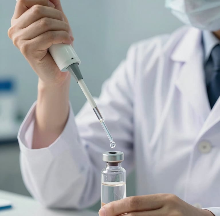 Macro photography of a pharmacist in an immaculate white coat using a high-precision digital pipette to drop liquid into a clean glass vial, bright clinical daylight, soft blue background.