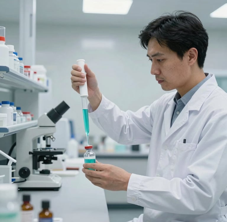 Immaculate modern laboratory environment, a professional pharmacist in a crisp white lab coat precisely pipetting a turquoise liquid into a vial, bright clean clinical lighting, wide landscape crop.