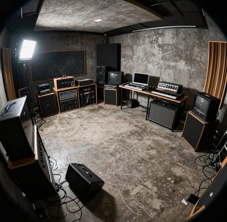 Wide-angle fish-eye shot of a raw concrete music studio with scuffed audio gear, harsh direct flash, high-contrast shadows, industrial street look