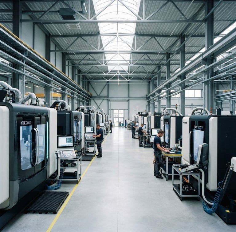 Sharp vertical architectural shot of a modern clean factory floor, precision CNC machinery lined up under cool daylight, high contrast, 35mm