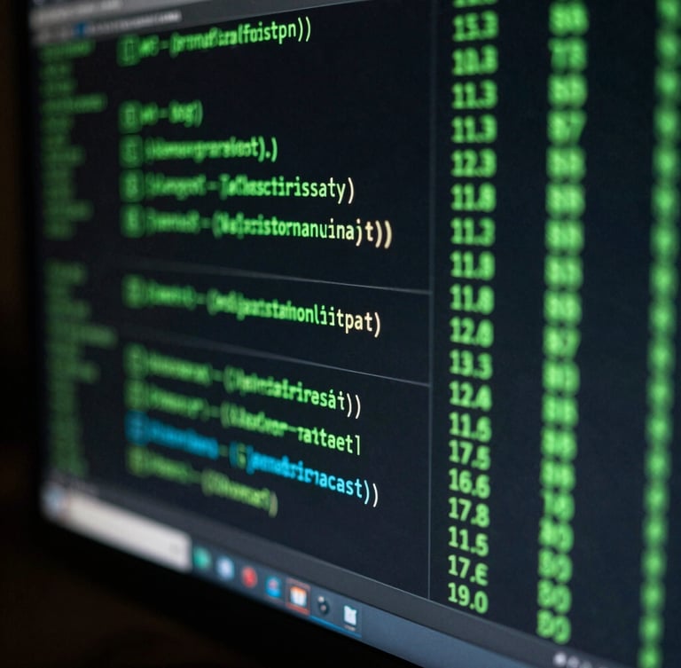 Macro photography of a dark computer monitor showing complex algorithmic trading parameters, cool green neon glow, deep shadows, 35mm