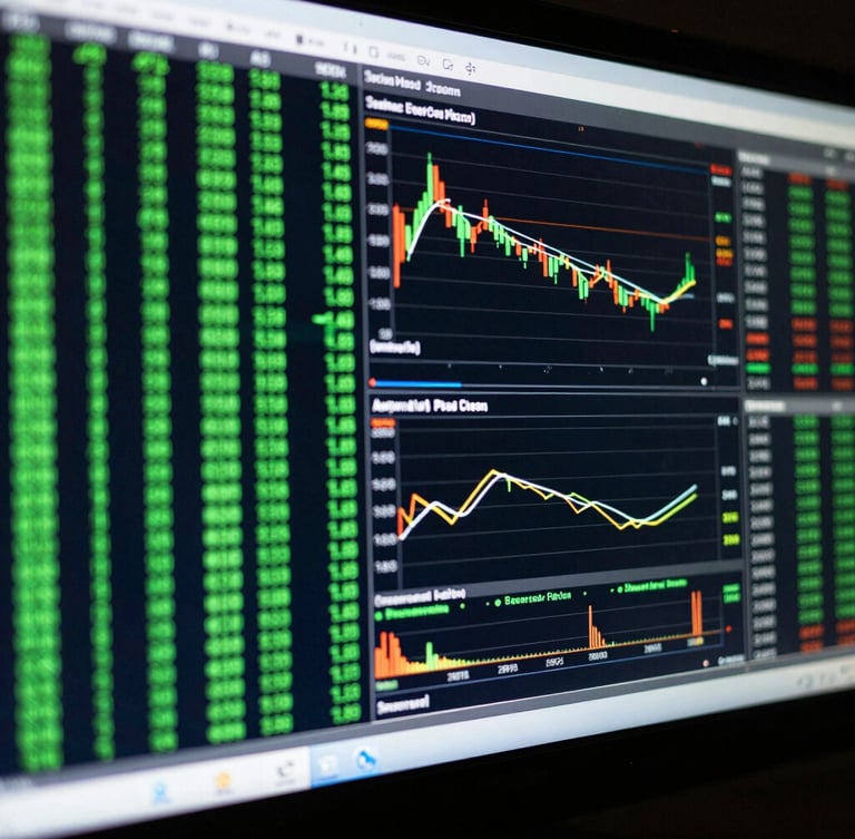 Macro shot of high-resolution trading monitor displaying clean green terminal code and real-time market data charts, low-key ambient room light, cool monitor glow, 35mm
