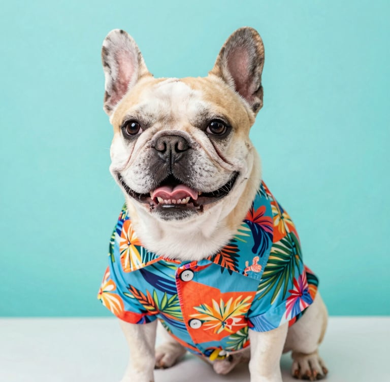 Bright high-key pet photography of a happy French Bulldog wearing a colorful tropical shirt, vibrant color-blocked teal background, soft natural studio light, crisp details, 50mm lens