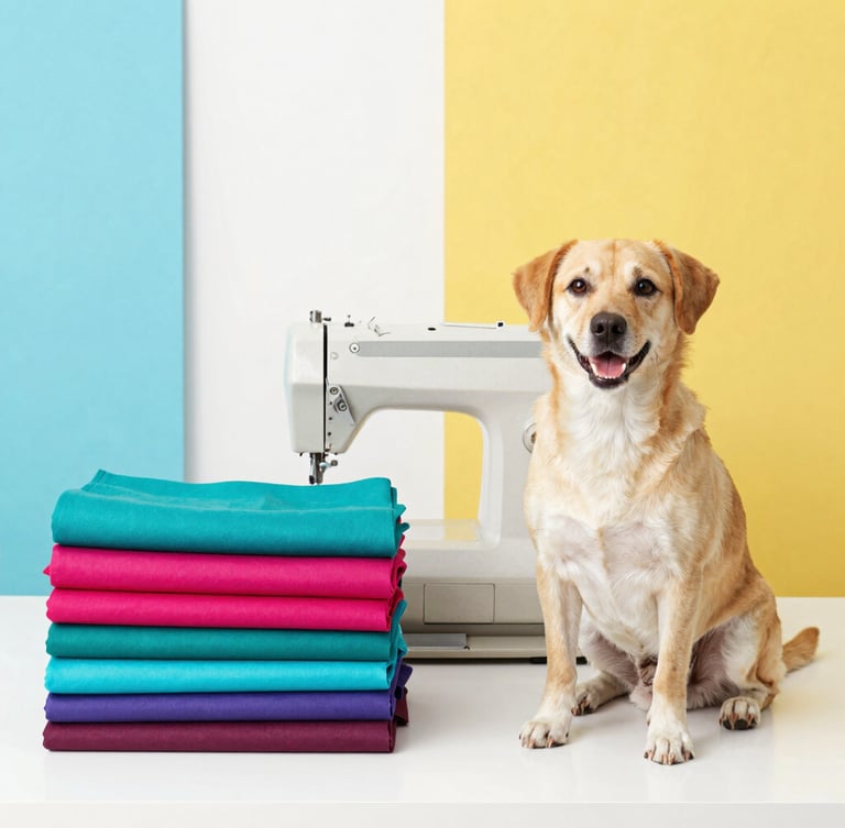 Bright high-key photography of a family sewing workshop in Celaya, colorful fabrics in teal and magenta stacked neatly, a vintage sewing machine, a happy dog sitting nearby, soft natural studio light, crisp details.