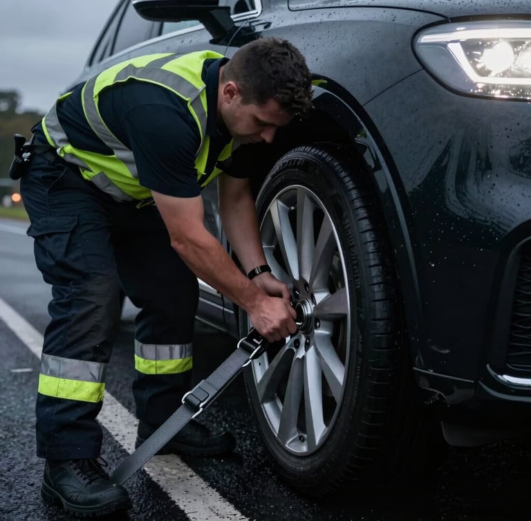 Close-up of a professional uniformed recovery operator in clean high-visibility gear securing heavy-duty wheel straps onto a luxury vehicle, dramatic night-time roadside lighting, sharp focus, 35mm.