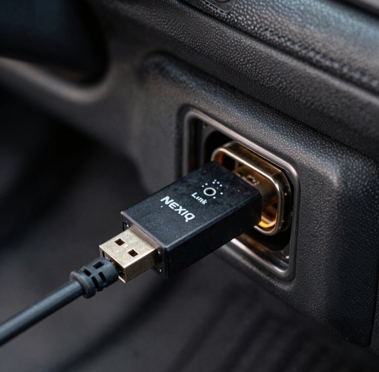 Tight detailed macro shot of a Nexiq USB-Link 2 adapter plugged into a heavy-duty truck OBD port under the dashboard, soft dashboard glow, industrial atmosphere.