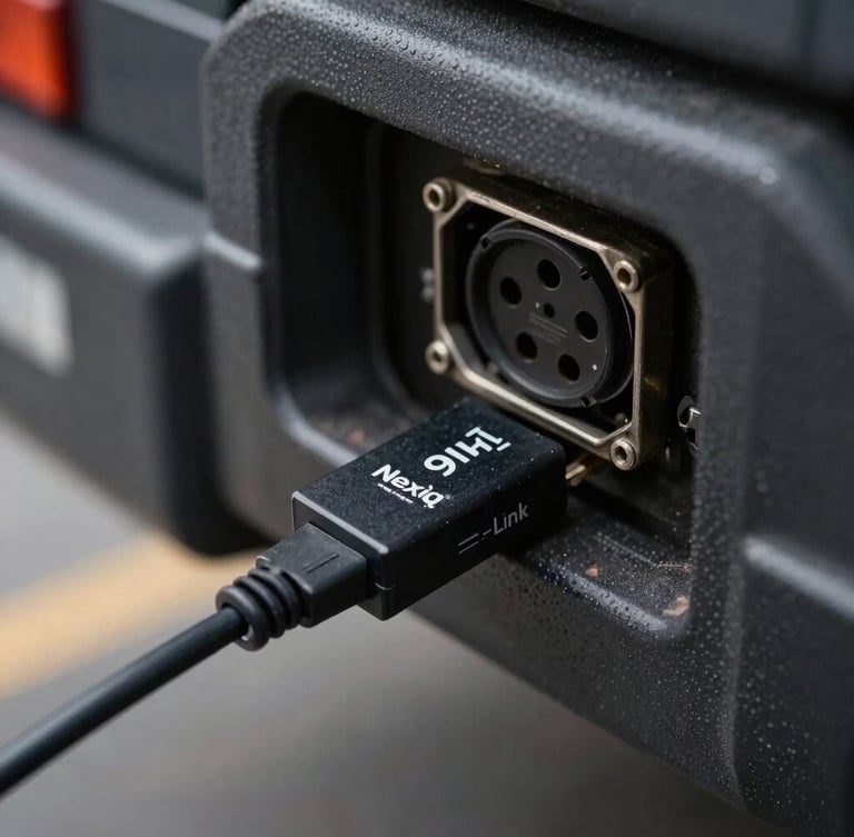Close-up macro shot of a Nexiq USB-Link 2 adapter plugged into a heavy-duty truck's 9-pin diagnostic port under the dash, workshop lighting.