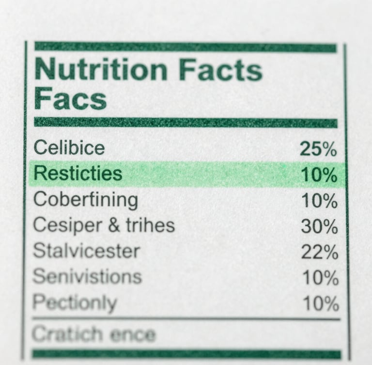 Macro shot of a nutrition facts panel with clinical green highlight overlays indicating technical verification, sharp focus, desaturated tones.