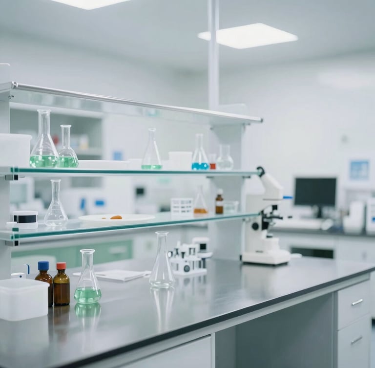 A modern, bright food science laboratory with stainless steel counters and structured glassware, clinical white lighting, desaturated green accents, sharp focus.