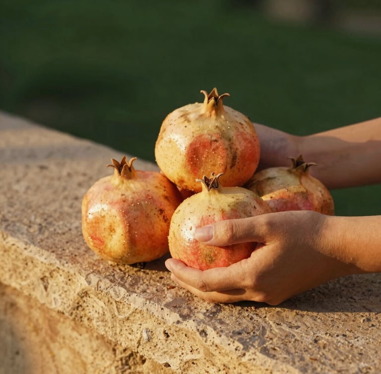 Close-up of hands holding freshly harvested organic pomegranates on a sandstone ledge, warm golden-hour sunlight, shallow depth of field.