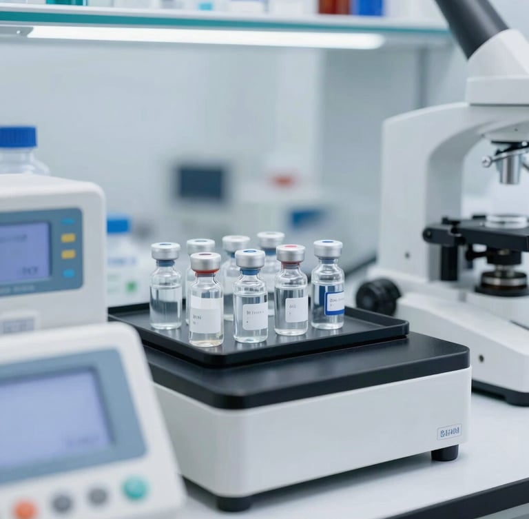 clinical pharmaceutical laboratory testing, bright white lighting, sharp focus on glass vials and testing equipment with digital readouts, 50mm