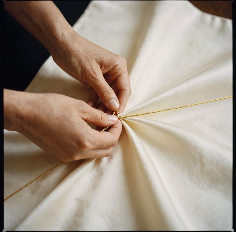 Close-up premium editorial photography of hands weaving gold thread into rich ivory silk fabric, soft dramatic lighting, warm gold undertones, medium format film.