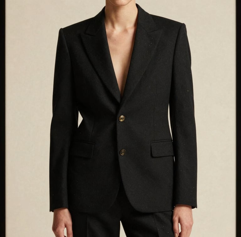 Premium editorial fashion photography of a model in a structured black tailored suit with subtle gold accents, high-contrast studio lighting, warm gold undertones, rich black and ivory tones, medium format film.