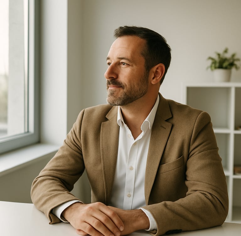 A relaxed business owner looking out a bright window in a clean modern office, natural daylight, 35mm photography