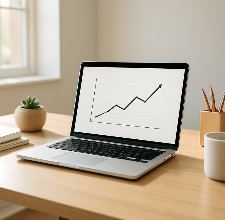 A clean, modern workspace with a laptop showing a simple graph, bright natural daylight, soft shadows, 35mm