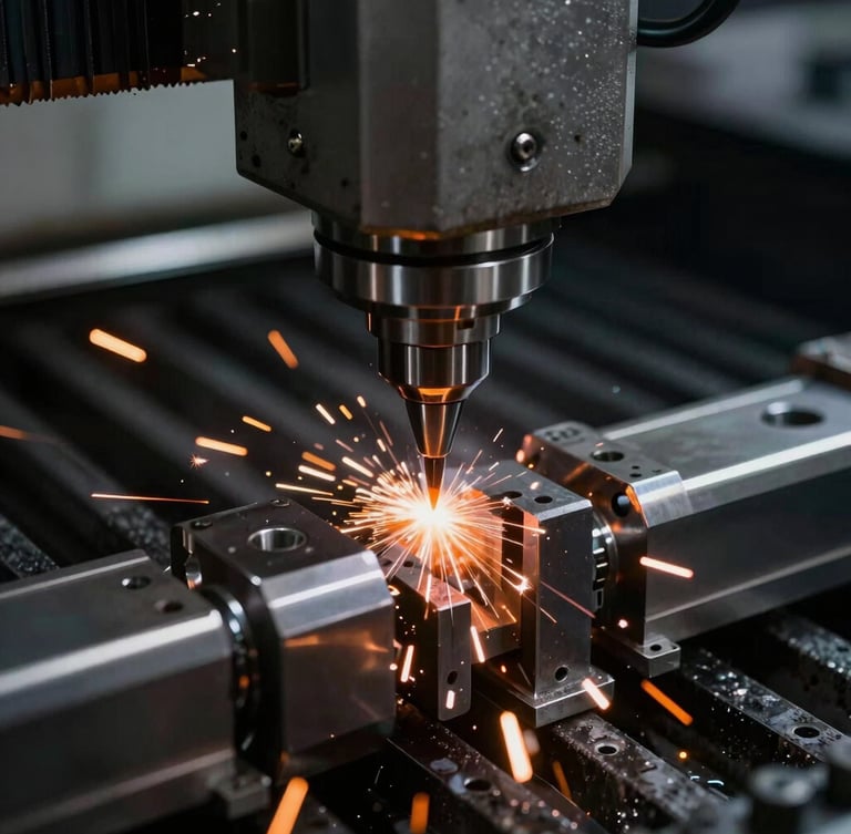 A close-up of a high-precision metal component being cut by a 5-axis CNC machine with cooling liquid spraying on the contact point, sharp focus, industrial premium look
