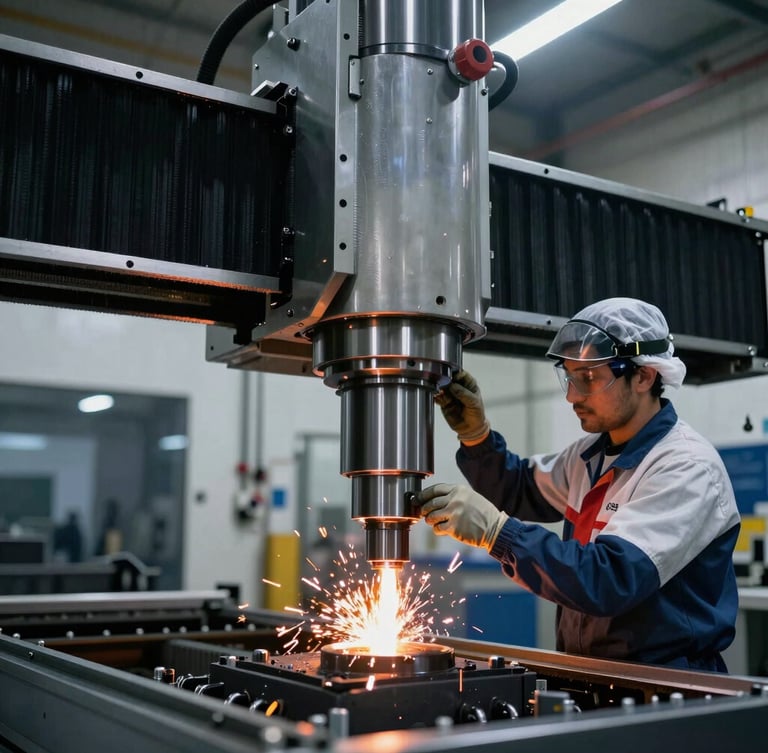 A professional technician wearing safety gear calibrating a massive CNC router spindle inside a modern Saudi manufacturing plant, high contrast lighting