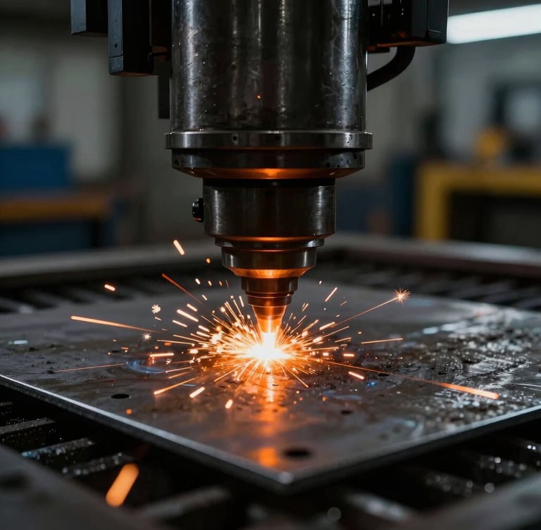 Macro close-up of a high-power fiber laser cutting head emitting intense orange sparks on a steel plate, dark industrial workshop background, dramatic high-contrast lighting, 35mm