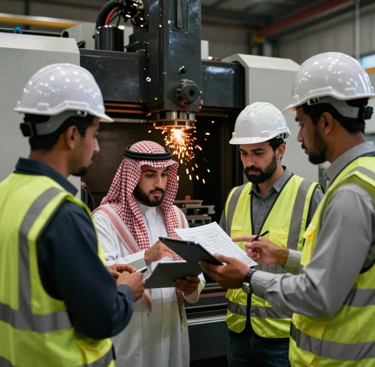 A team of professional Saudi engineers in hardhats and safety vests discussing technical schematics on a tablet in front of a heavy CNC machine, industrial setting