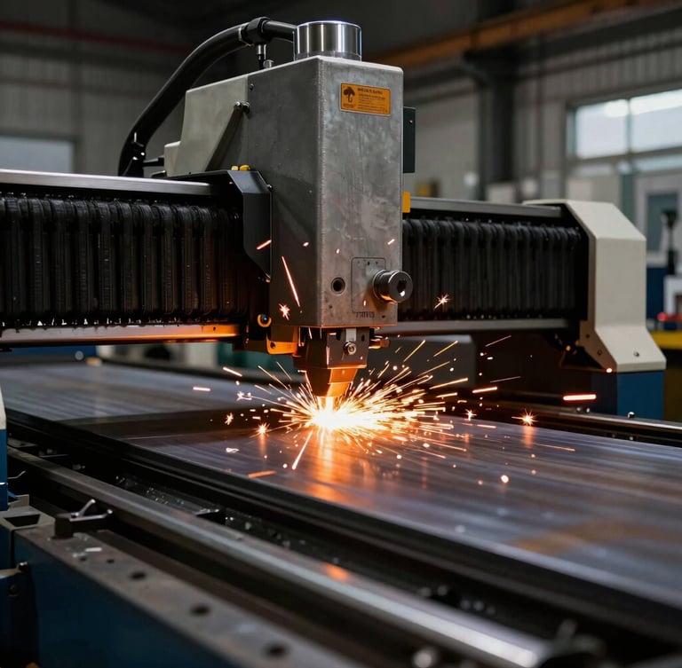 Low-angle heroic profile of a heavy-duty CNC fiber laser cutting machine with bright orange sparks flying from a metal sheet on a dark factory floor, 35mm photography