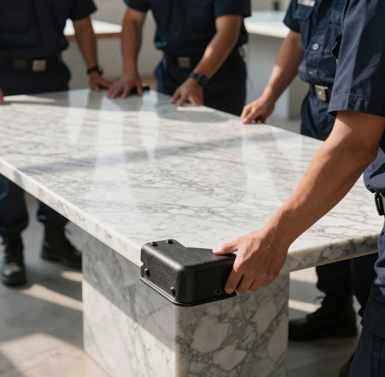 Tight, high-contrast crop of uniformed logistics crew applying heavy-duty protective corner guards and industrial wrapping to a high-value marble table, bright morning sunlight.