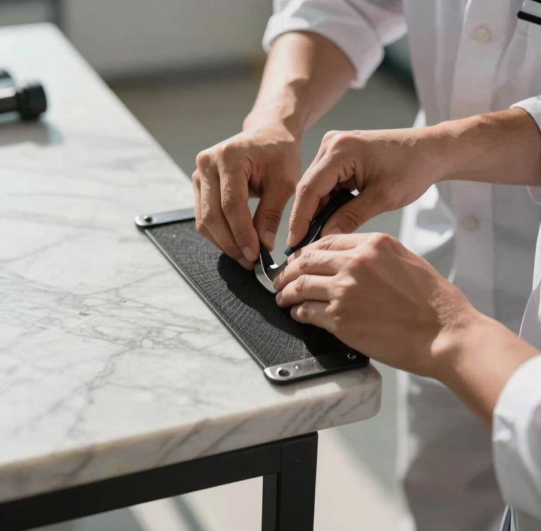Tight close-up of a professional crew member in a clean uniform applying heavy-duty protective corner guards to a polished marble surface, bright natural morning light, sharp focus on hands.