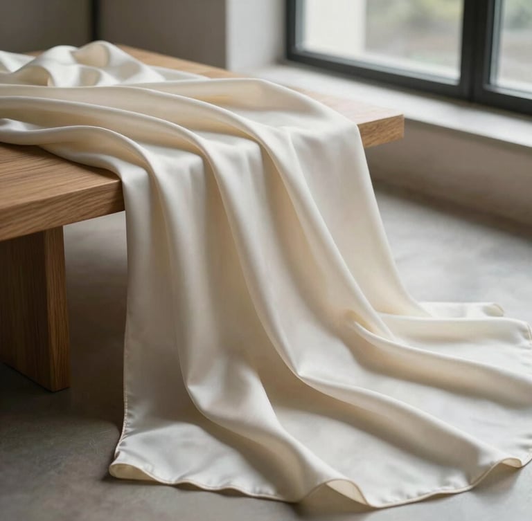 A close-up of heavy silk-crepe fabric draping softly over a minimalist wooden form, bathed in diffused, natural daylight from a studio window.