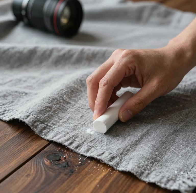 Close-up shot of hands using tailors chalk on heavy gray linen fabric draped over a dark wood table, soft natural side-light, focus on fabric texture.