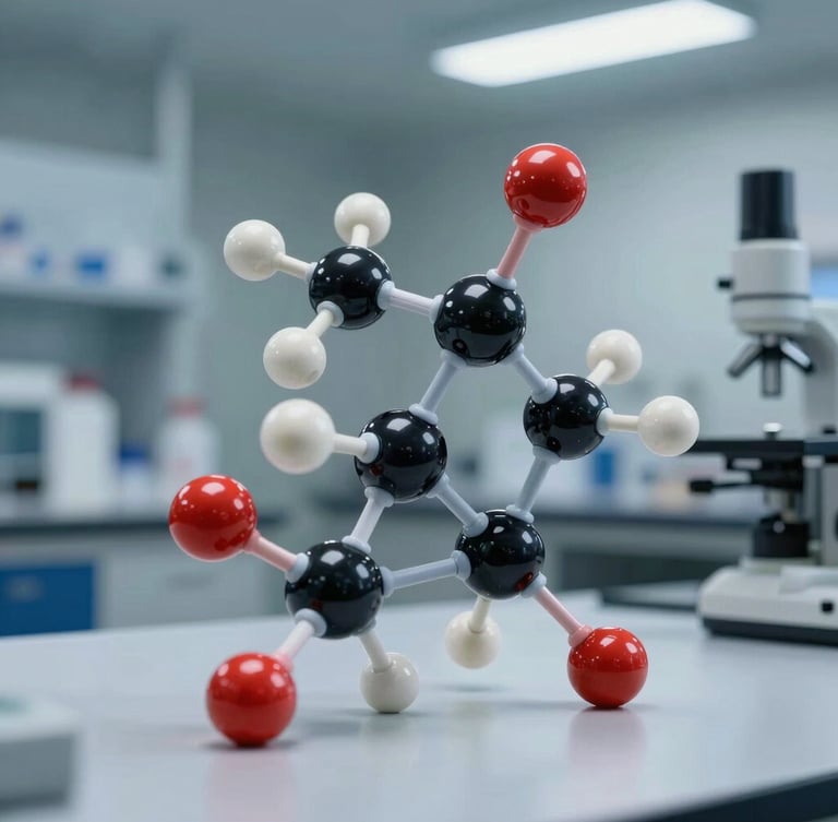 Macro shot of a high-resolution molecular structure model on a clean laboratory desk, cool-toned laboratory light, Ahmedabad R&D environment.