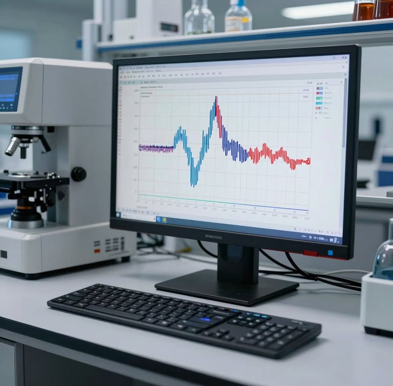 Macro shot of a modern laboratory workstation, clean cool-toned lighting, high-resolution chromatogram displayed on a dual-monitor setup, stainless steel instruments in the background.