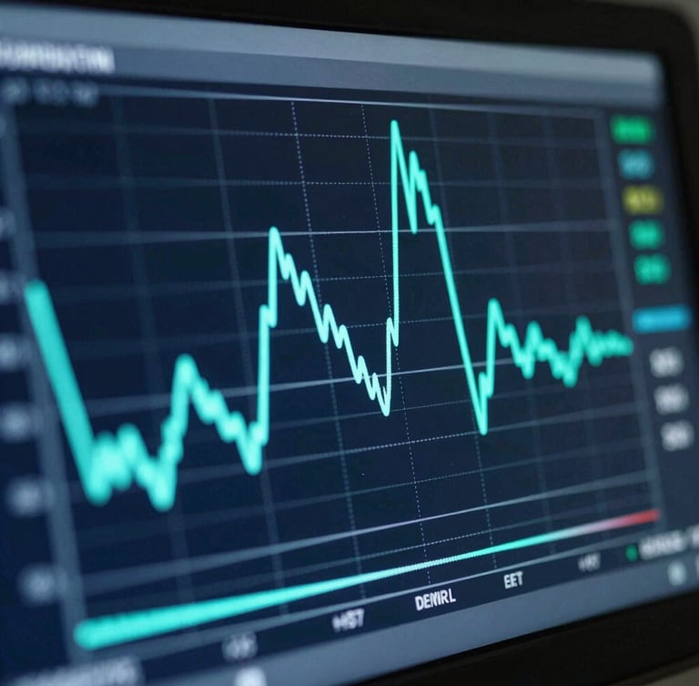 Macro shot of a high-resolution chromatogram on a laboratory screen, cool teal data points glowing against a dark interface background.