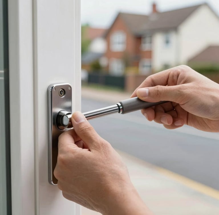 Close-up of a locksmith's hands using precision tools to open a modern door lock without damage, with a blurred background of a residential street.