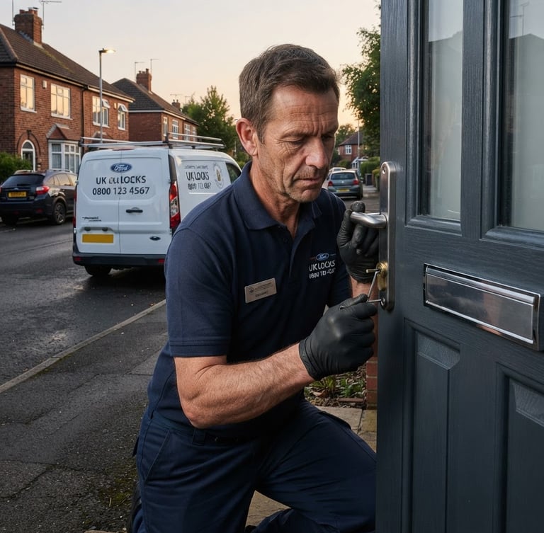 Professional locksmith in branded uniform unlocking a modern front door, focus on hands and tools, with a branded service van parked on a clean UK street at dusk.