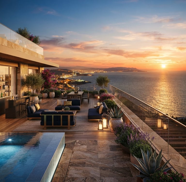 Wide panoramic view of a luxury penthouse terrace in Malabata Hills, Tangier, overlooking the sparkling Mediterranean Sea at sunset, golden-hour light reflecting on glass railings, warm architectural details, 35mm.