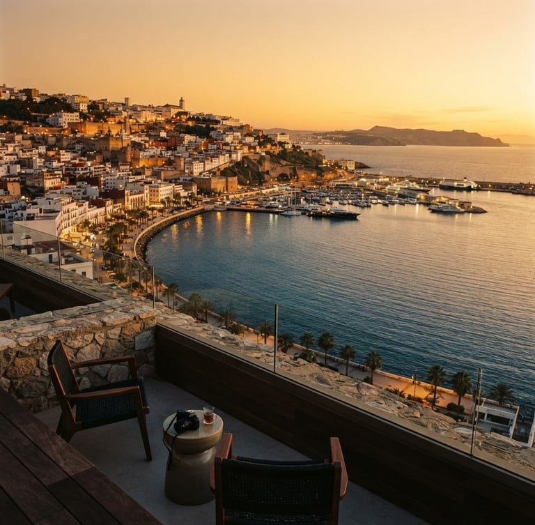 Wide-angle architectural editorial photograph of the Bay of Tangier at golden hour, deep blue Mediterranean sea reflecting warm light, luxury terrace edge visible, 35mm