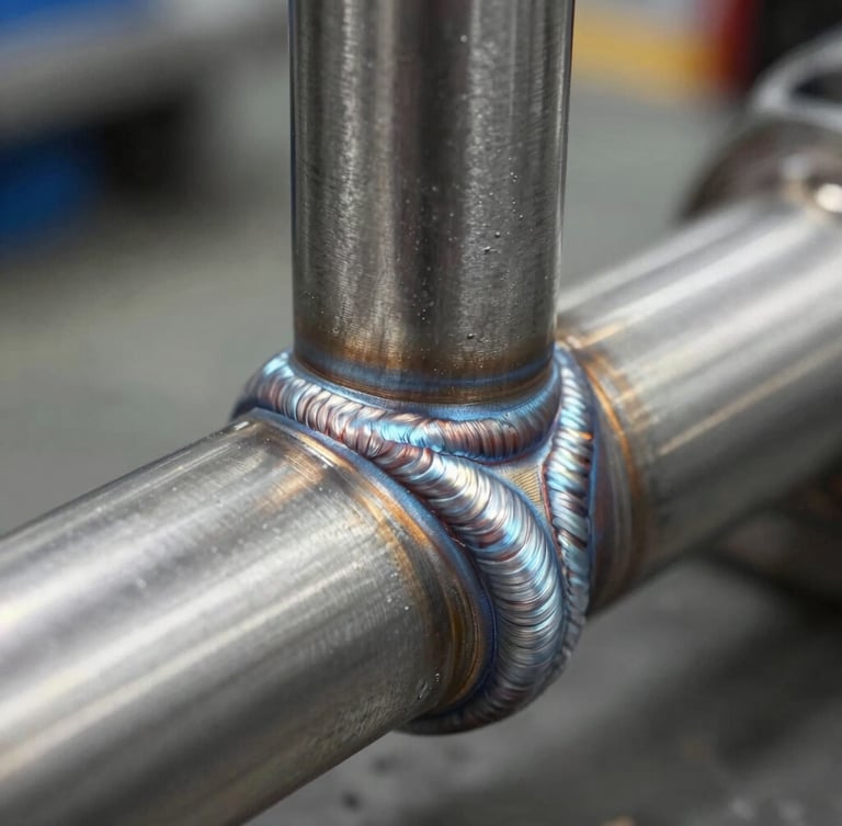 Close-up macro of a flawless TIG weld on a stainless steel pipe joint, cold metallic silver tones, clean industrial workshop setting, sharp focus on the weld pattern