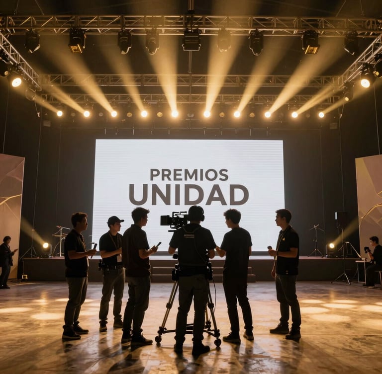 Plano general de la producción del escenario principal de los Premios Unidad, luces doradas intensas y siluetas del equipo técnico.