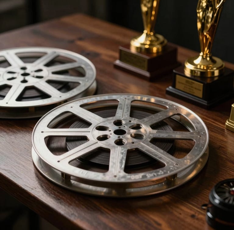 Close-up of physical film reels and brass awards on a dark wooden desk, dramatic side lighting, warm golden tones, high contrast portrait framing
