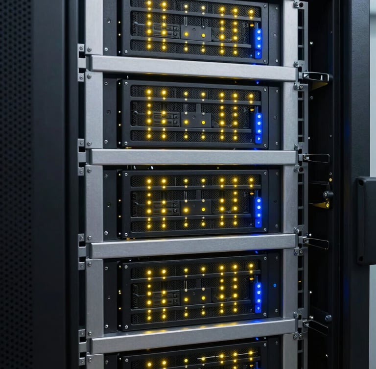 Sharp industrial photography of neatly organized server racks with glowing yellow LED indicators, clean metallic surfaces, high-contrast dark tech aesthetic, 35mm lens.